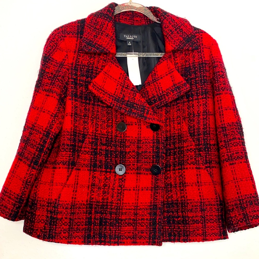 Talbots Black/Red Plaid Tweed Cropped Jacket sz 8